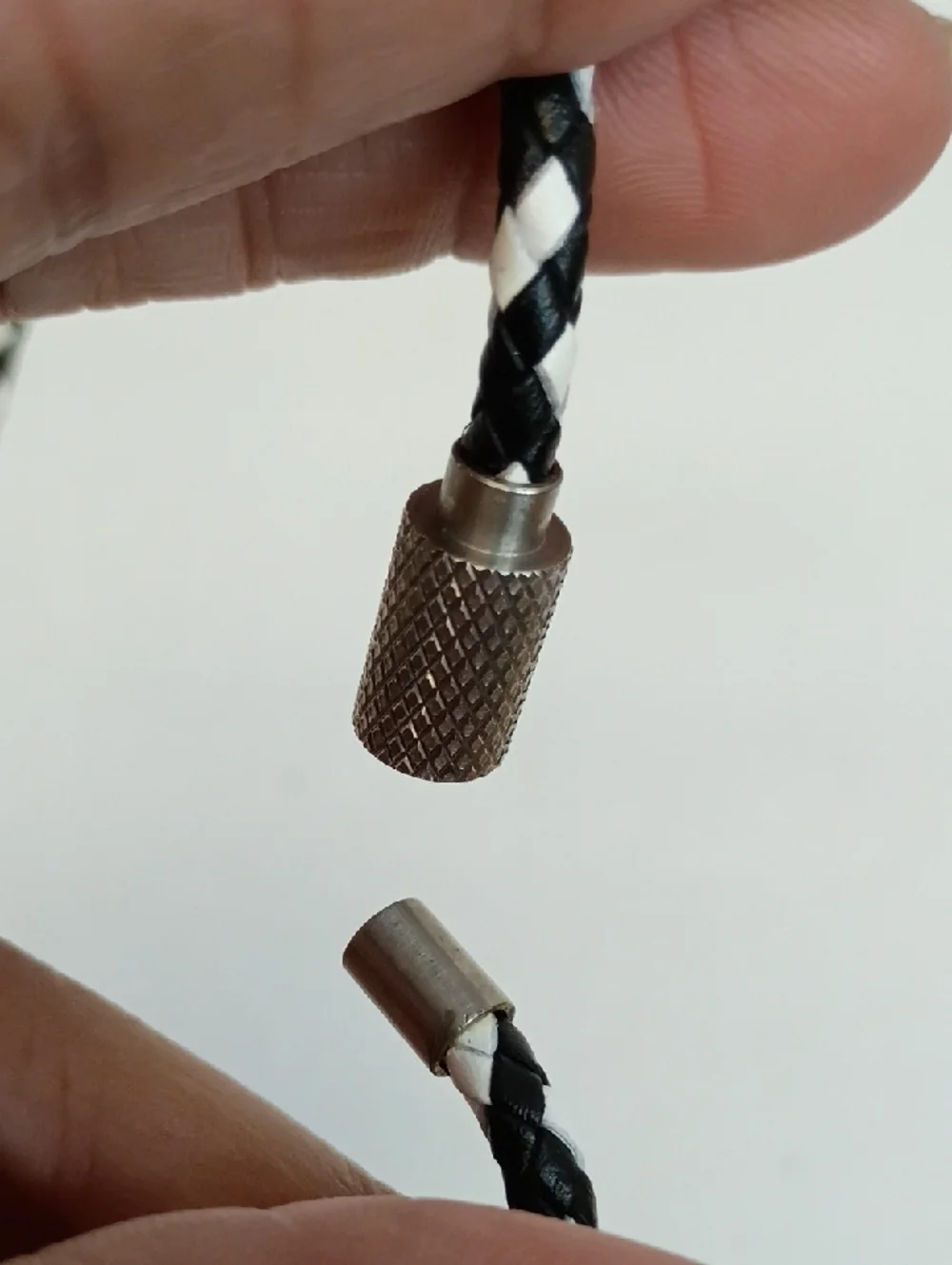 Braided Cord Black White Bracelet Set Magnetic Clasp Chain Link Silver Tone